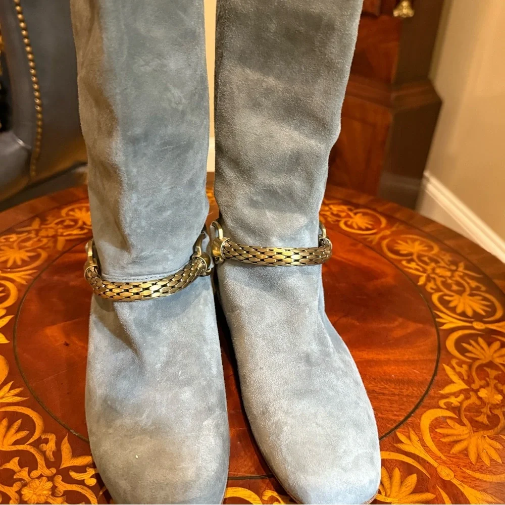Vintage Y2K Botkier Grey Suede Knee high boots w/Gold Chain Size 37.5/7 $398